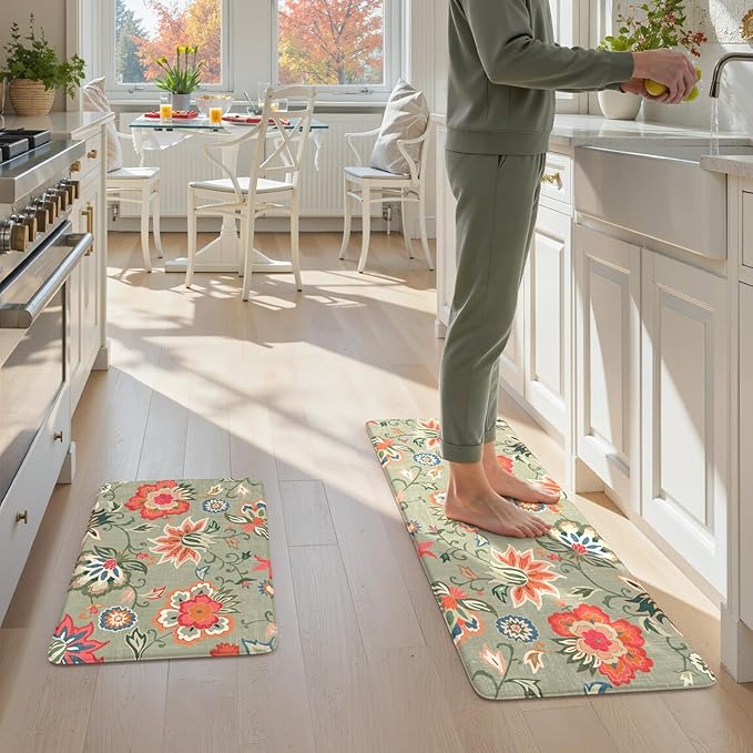 LEEVAN Anti Fatigue Mats for Kitchen Floor 2 Piece,Cushioned Memory Foam Green Kitchen Mats for Floor,Comfort Floral Boho Non Slip Kitchen Floor Mat for Sink,Laundry,Office(17''x29''+17''x47'')