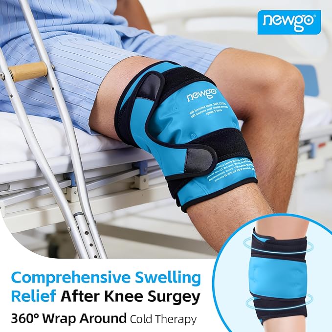 NEWGO Ice Pack for Knee Injuries Reusable, Knee Ice Pack Wrap Around Entire Knees for Replacement Surgery Recovery, Gel Cold Pack Wrap for Meniscus Tear, ACL, Swelling Pain Relief - Light Blue
