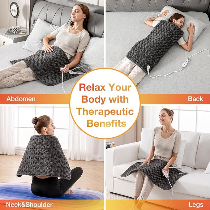Woomer Faux Fur Electric Heating Pad for Back Pain Relief, Extra Large 17” x 33”, Extended Coverage from Neck to Hip, Two-Sided, Moist Mode, ETL Certified, 6 Adjustable Heats & 2H Auto-Off,Grey