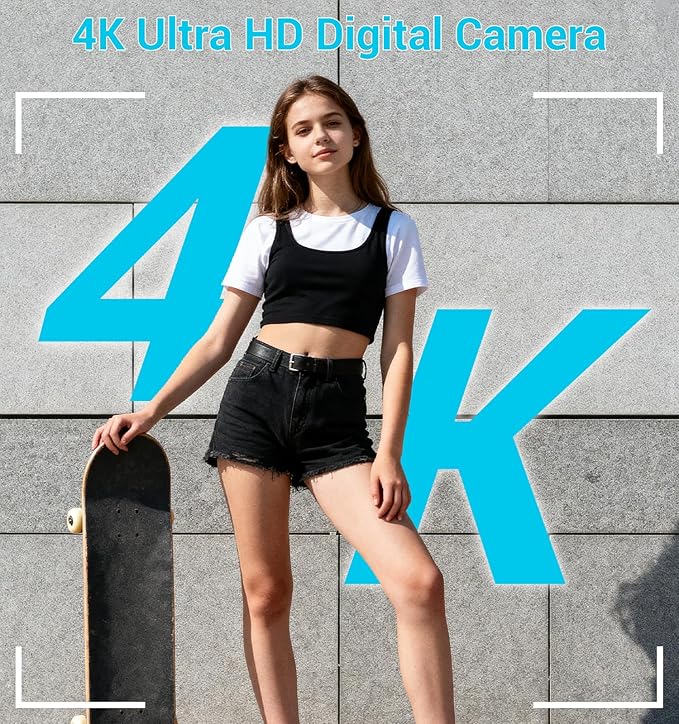 Digital Camera 4K, Autofocus Digital Compact Digital Camera,16X Digital Zoom Upgraded Travel Camera with 64GB SD Card,2 Batteries,Small Camera for Teens Kids Boys Girls,Blue