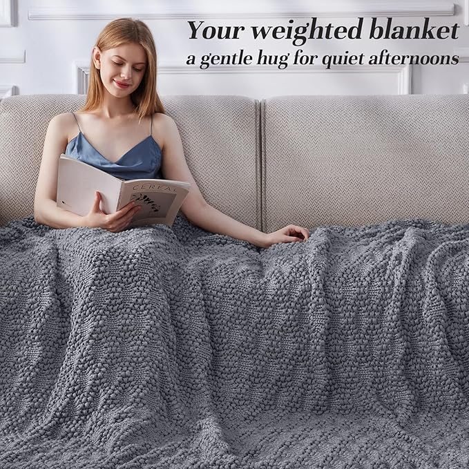Knitted Weighted Blanket for Adult, Chunky Knit Weighted Throw for Sleep 50"*60" 5lbs, Cooling Breathable Heavy Blanket for Hot Sleepers, Machine Washable Blanket for Room Decor(Light Grey)