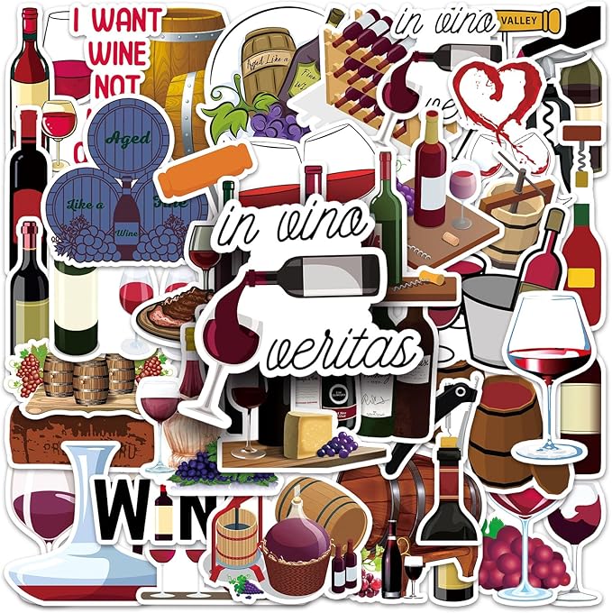 50pcs Red Wine Stickers,Cute Wine Label & Glass Pattern Decals, Waterproof & Durable for Notebook, Wine Bottle, Party Decoration