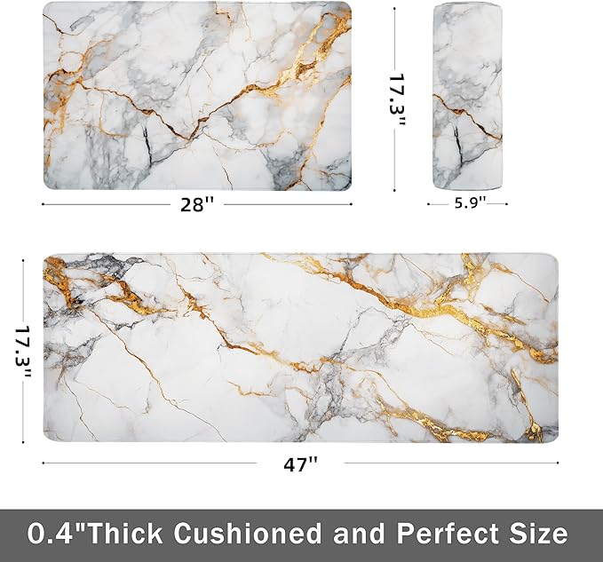 Kitchen Mats for Floor Anti Fatigue Floor Marble Cushioned Memory Foam PVC Leather Non Slip Padded Comfort Standing Rugs Set of 2, 17.3x28+17.3x47 Inch,0.4 Inch Thick