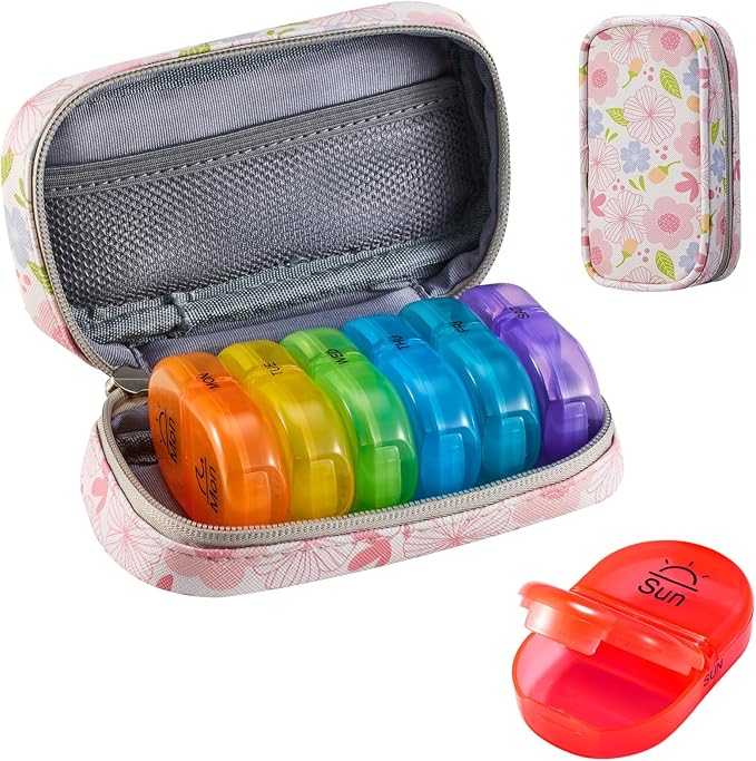 Serfeymi Weekly Travel Pill Organizer 2 Times A Day AM PM Upgraded Rainbow Pill Box 7 Day with Portable Zipper PU Leather Pill Case, Medicine Organizer for Pills, Vitamins, Fish Oils - Floral 01