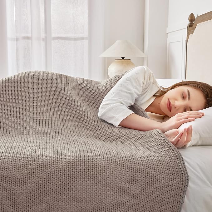 Guohaoi Knitted Weighted Blanket for Adults (Beige 48"x72" 12lbs) No Beads Cooling Throw Blanket for Hot Sleepers, Home Decor Breathable Chunky Knit Heavy Blanket Use on Full Size Bed