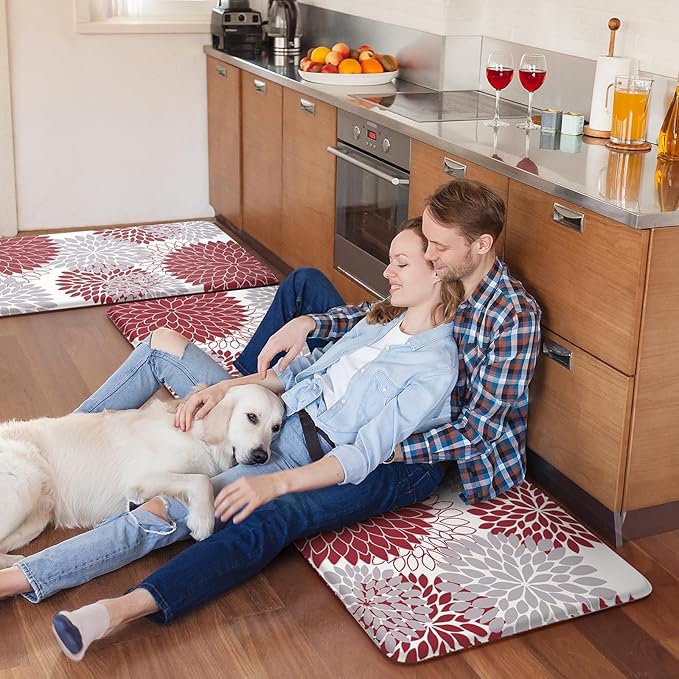 Anti Fatigue Kitchen Mats for Floor 2PCS,17"x47"+17"x29" Farmhouse Dahlia Kitchen Rugs Non Slip Rubber Backing,Waterproof Cushioned Standing Mat for Office,Laundry,Sink,Desk,Red