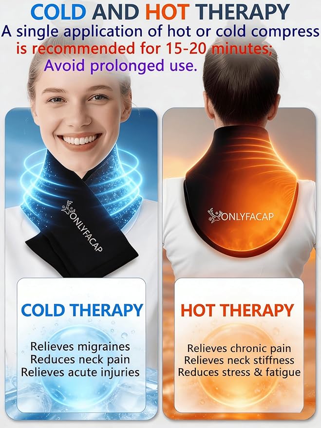 Flexible Neck Ice Pack Wrap,Over 20 Minutes of Cold and Hot Therapy, Adjustable Gel Neck Brace for Relief of Pain, Swelling, Sprains, Office Pressure, Unisex Cervical Support