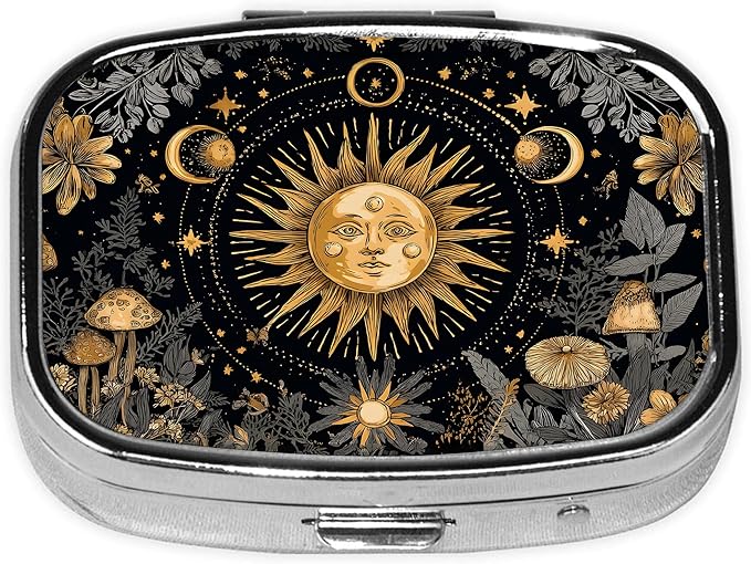 Pill Box-2 Compartment Small Flower Pill Case Square Organizer Case with Mirror Portable Metal Medicine Box Travel Container for Pocket & Purse Women Men(Sun and Moon)
