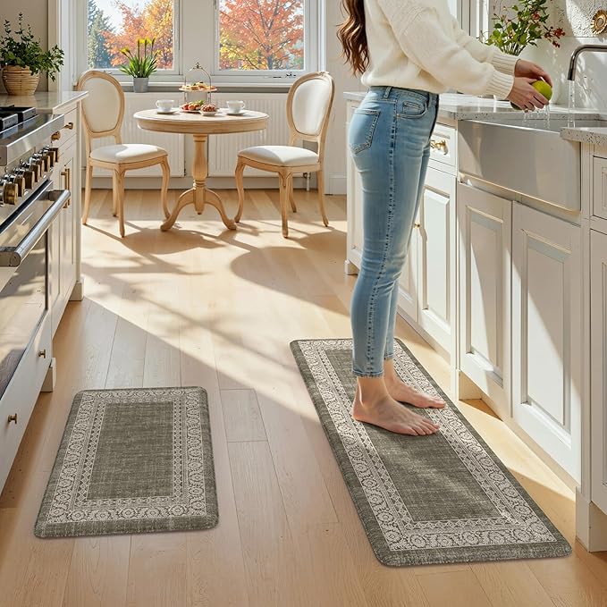 LEEVAN Green Kitchen Mats for Floor Sets of 2,Anti Fatigue Cushioned Memory Foam Kitchen Mat,Farmhouse Ergonomic Boho Non Slip Kitchen Floor Mat for Sink,Laundry,Home,Office,Desk(17''x29''+17''x47'')