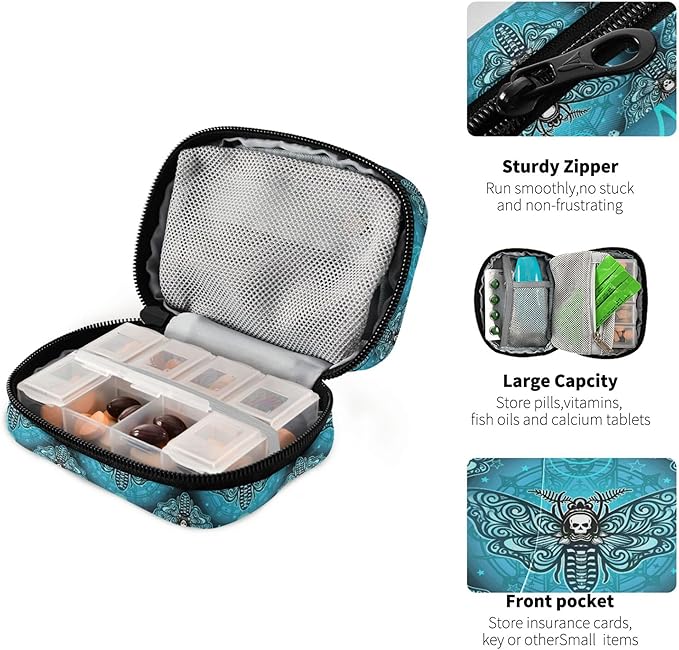Travel Pill Organizer Bag Weekly Pill Organizer Case Goth Butterfly Skull Teal Portable Small Daily Pill Boxes for Vitamin Fish Oils Supplement Holder with Zipper Compact Size