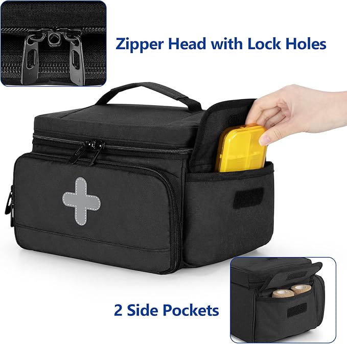 CURMIO Medicine Storage Bag Empty, Lockable Pill Bottle Organizer with Portable Zippered Pouches for First Aid Kits, Medicine Box for Home and Travel, Black (Patent Pending)