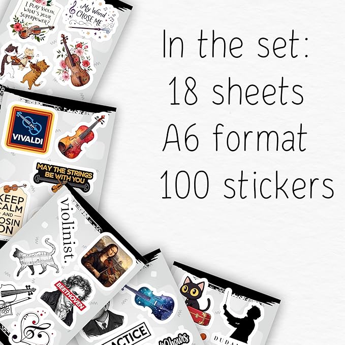 100Pcs Violin Stickers and Decals for Water Bottle, Laptop - Gifts for Violinists - Violin Party Supplies and Decorations - Violinists Stickers - Gift for Women & Men