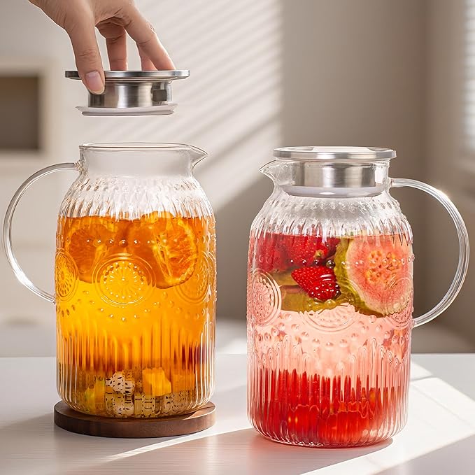 Bandesun Vintage Glass Pitcher with Lid, 128oz/ 1 Gallon Water Pitcher with Handle for Fridge Heat Resistant Borosilicate Water Jug, Carafe for Hot/Cold Coffee, Tea,Beverage 1Pack