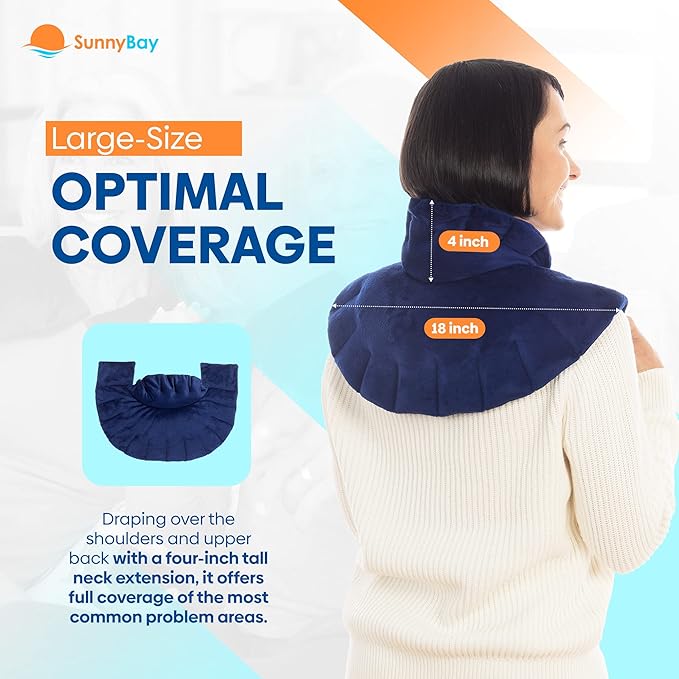 SunnyBay Microwave Heating Pad, Microwavable Heated Neck and Shoulder Wrap with Extra Coverage for Upper Back Pain Relief, Odorless Weighted Dual Purpose Cape for Moist Hot or Cold Therapy, Blue