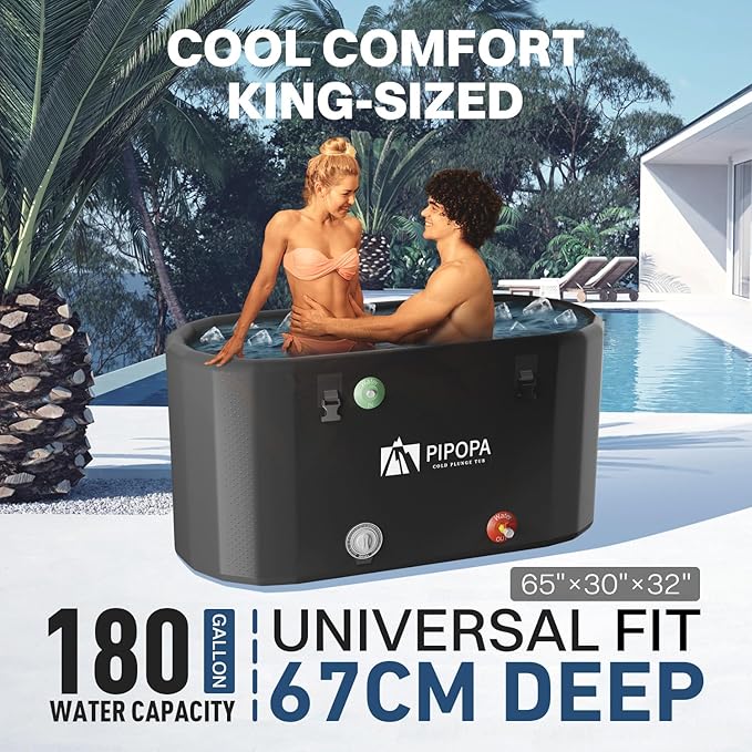 PIPOPA Inflatable Ice Bath Tub for Athletes | Water Chiller Compatible | Long-Lasting Insulation | Outdoor, Indoor, Portable | Drain Valve Included - XXXL 65"L x 30"W x 32"H