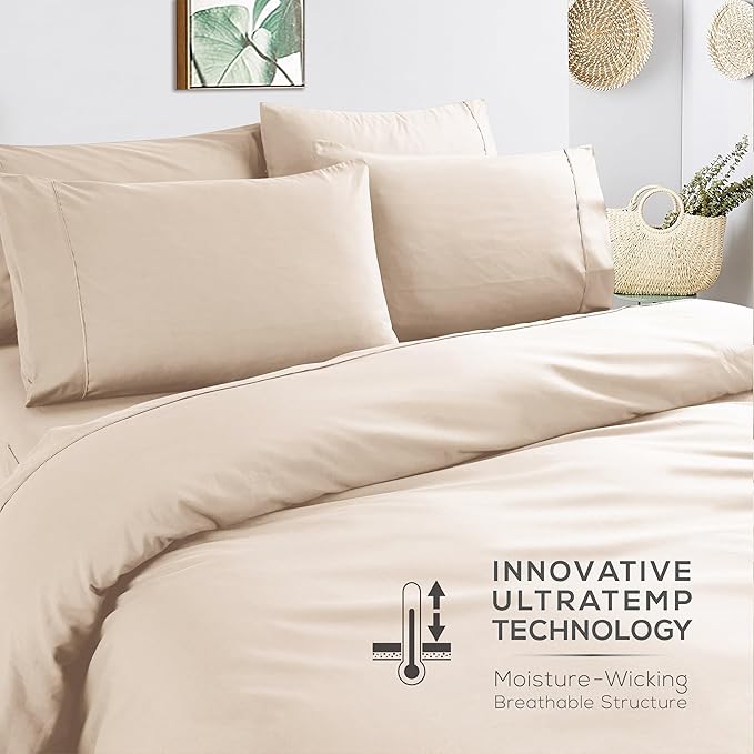 Mueller Ultratemp Bed Sheets Set, Super Soft 1800, 6 Piece California King Sheet Sets, Deep Pocket up to 16", Transfers Heat, Breathes Better, Hypoallergenic, Wrinkle-Resistant, Oeko-TEX, Cream
