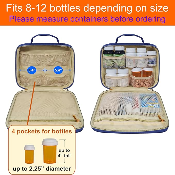 Large Travel Pill Bottle Organizer, Slim Medicine Bag, Carrier for Medications and Medical Supplies - Navy Ultrasonic