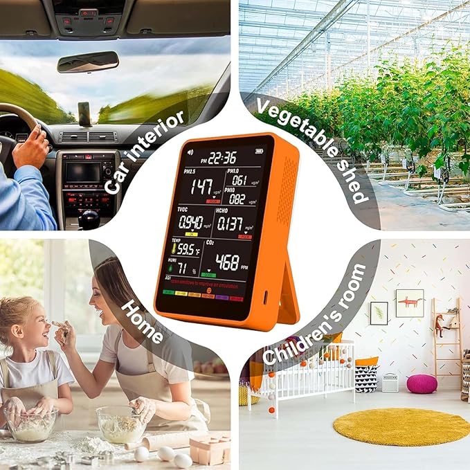 Professional Indoor Air Quality Monitor with AQI Beep Alarms, Portable Real-Time Detector for Home Cars Plants and Pets (Orange)