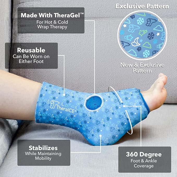 TheraICE Junior Ankle Ice Pack Wrap for Swelling, Reusable for Sprained Ankle Injuries, Cold Therapy Sock Compression, Plantar Fasciitis Relief, Achilles Tendonitis, Sore Feet, Foot & Heel (X-Small)