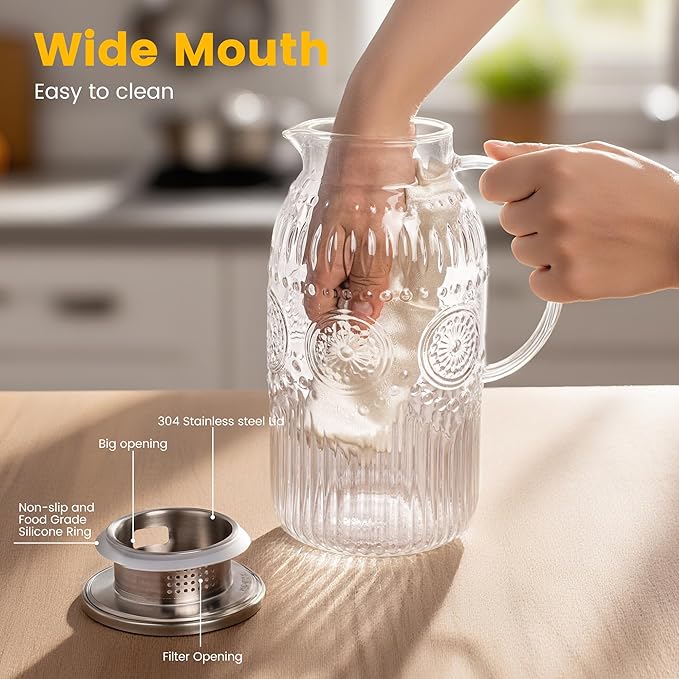 Bandesun Glass Pitcher with Lid, 68 oz/ 2 Liter 2Pack Vintage Water Pitcher,Glass Water Carafe for Cold Brew, Coffee, Lemonade, Iced Tea,Beverage, Heat Resistant Jug