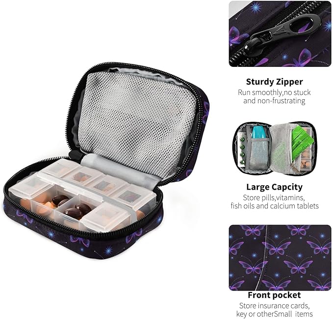 Travel Pill Organizer Bag Weekly Pill Organizer Case Glittering Magic Butterfly Portable Small Daily Pill Boxes for Vitamin Fish Oils Supplement Holder with Zipper Compact Size