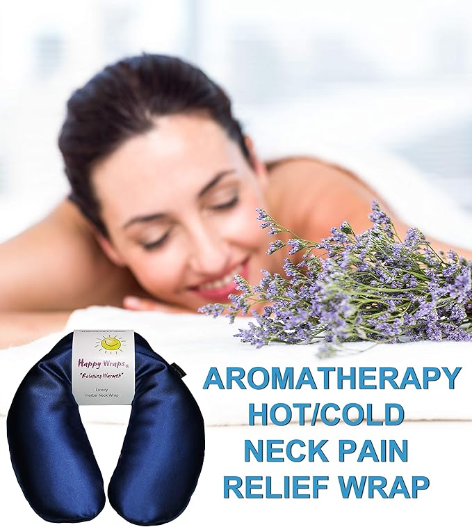 Microwavable Herbal Neck Wrap - Hot Cold Aromatherapy Neck Warming Pillow - Heating Pad for Migraines, Stress, Gifts for Women, Birthdays, Christmas and Free Sleep Mask - Sapphire Satin