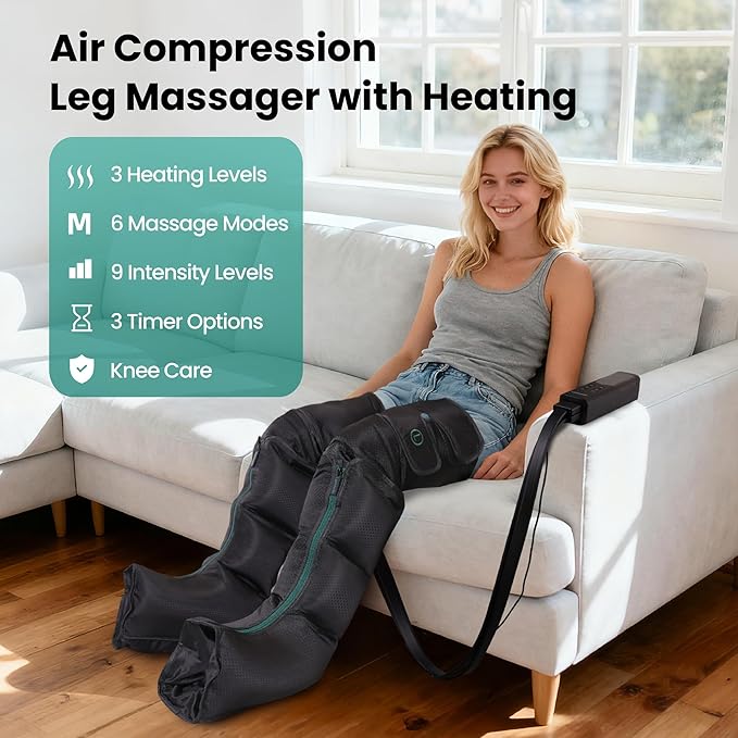Leg Massager with Heat and Comression, Foot and Leg Massager for Circulation and Pain Relief, Air Compression Boots with 9 Intensity Levels, Full Leg Recovery Therapy Mechine