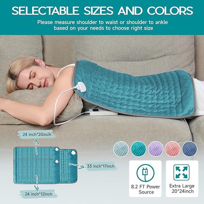 Heating Pad for Back Pain & Cramps Relief, Electric Heating Pad for Neck/Shoulders/Legs/Arms/Knee, 6 Heat Settings, 4 Timer, Auto Off, Machine Washable, Gifts for Men Women(Cyan, 20''x24'')