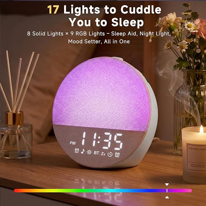 Sunrise Alarm Clock White Noise Machine | Natural Wake-Up Light for Bedroom with 30 Soothing Sleep Aids, Bluetooth Speaker, Dimmable Clock, Screen-Free Design for Baby Adults Kids-Grey