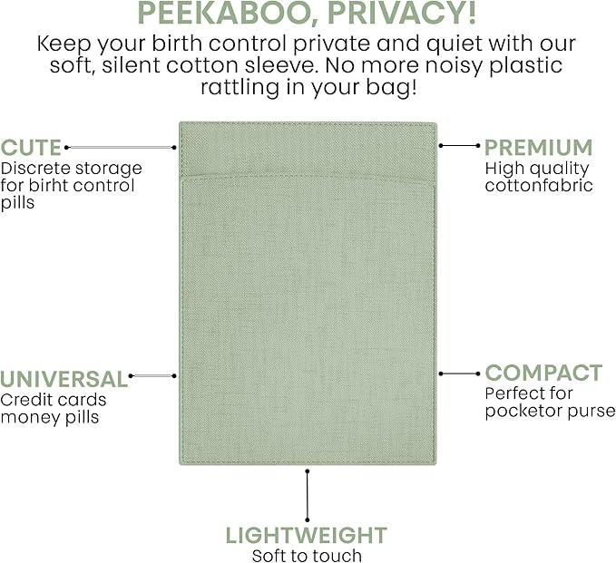 Peekaboo Pill Sleeve Cute Birth Control Case Soft Cotton Fabric Privacy Cover for Your Birth Control Pill Case Pouch for 4' x 3' Packets (Sage Green)