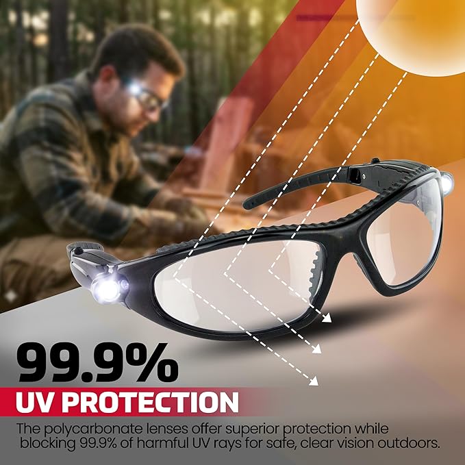 LED Inspector Safety Glasses | Protective Eyewear | Black Frame, Polycarbonate Clear Frames | Low to High Impact | Built-In LED Lights | 99.9% UV Protection | Woodworking, Construction, Mechanic