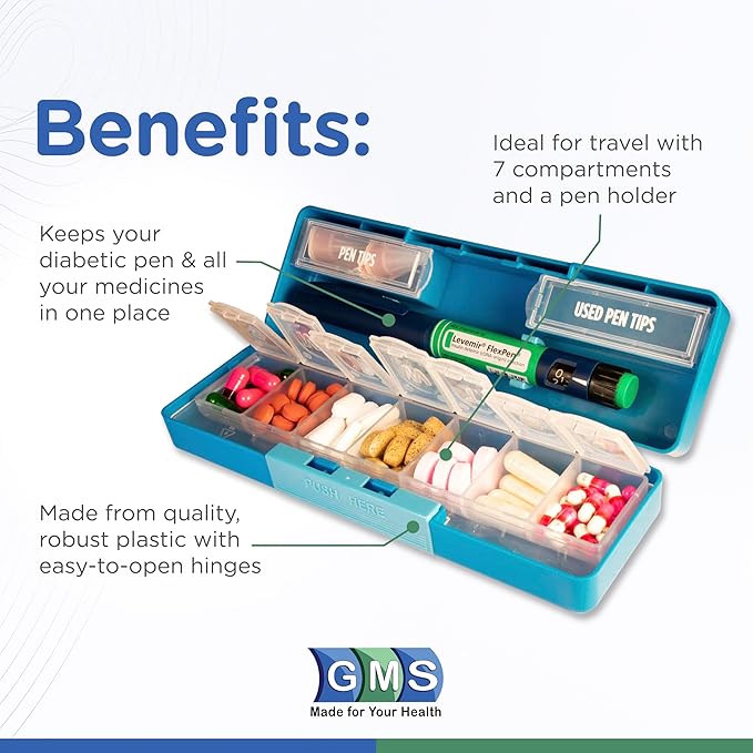 Diabetic Pen Case & 7 Day Medicine Organizer - Travel Kit for Diabetic Supplies - at a Glance Medicine Reminder - Holds New & Used Needles Safely - Small & Discreet