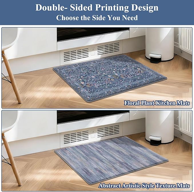 U'Artlines Double-Sided Kitchen Rugs Set of 2,Kitchen Anti Fatigue Mats Non Slip Padded Floor Standing Desk Mat,PVC Waterproof & Stain Resistant Carpet Blue Floral Rugs for Laundry Room Office Sink