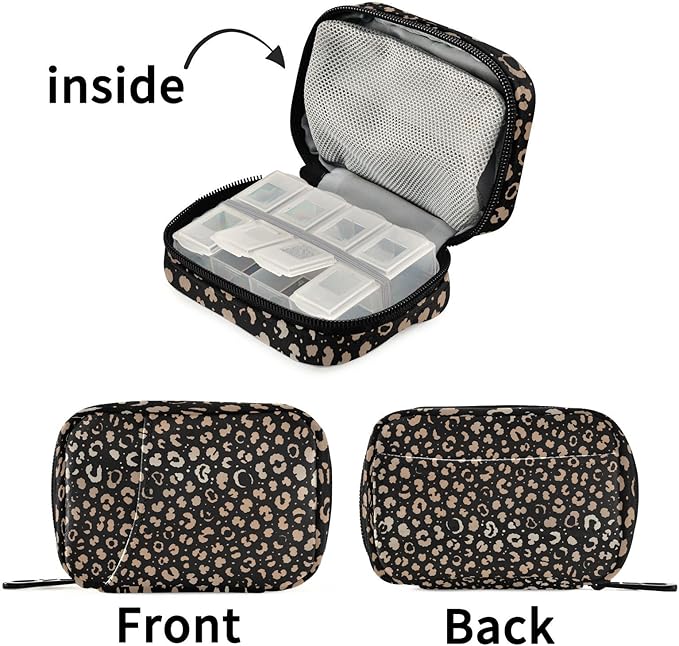 ALAZA Leopard Spot on Black Pill Case 7 Day Weekly Medicine Organizer Travel Portable Compact Pill Box Holding Vitamins Supplements Fish Oil
