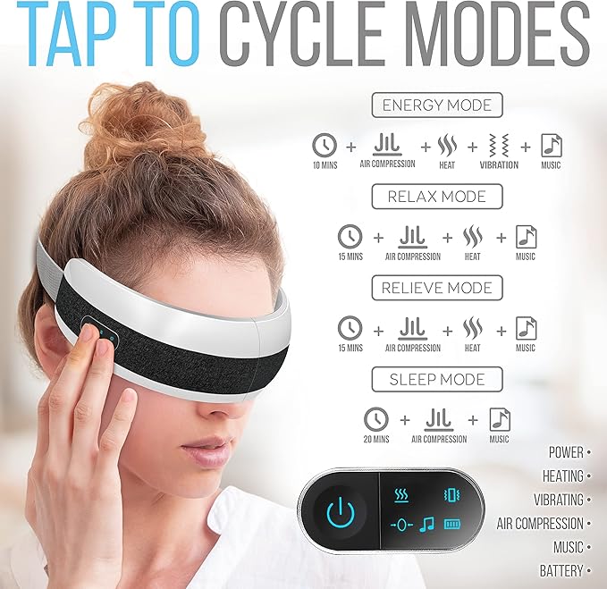 SereneLife Stress Therapy Electric Eye Massager, Vibration Massage Eye Relief, Wireless Digital Mask Machine w/Soothing Music and Relaxing Heat Compress, Built-in Battery & Adjustable Elastic Band