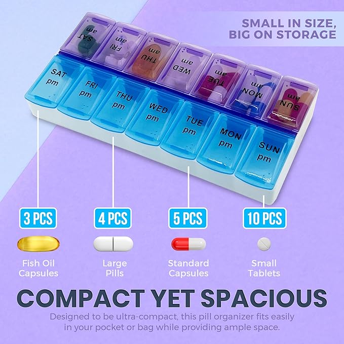 MEDca Pill Organizers - Small Pill Organizer with Weekly and Daily 2-Times-A-Day Compartments for AM/PM - BPA-Free, Portable and Travel Friendly Pill Boxes Case