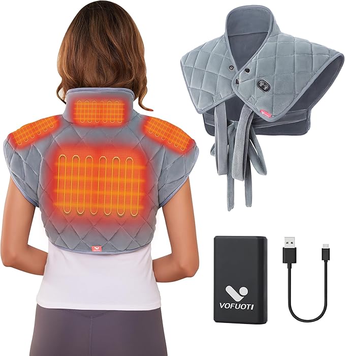 Vofuoti Heating Pad for Neck and Shoulders, Portable Cordless Heating Pad with Massager and Battery, Weighted Electric Heated Neck Shoulder Wrap, 16'' x 22'', 2.2lbs-Gray