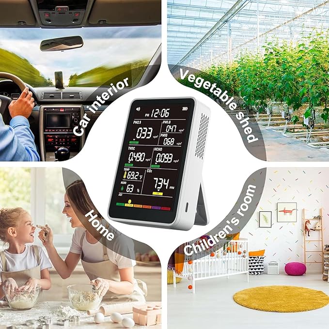 Professional Indoor Air Quality Monitor with AQI Alerts, Portable Real-Time Detector for Home, Car, Plants & Pets (Off White)
