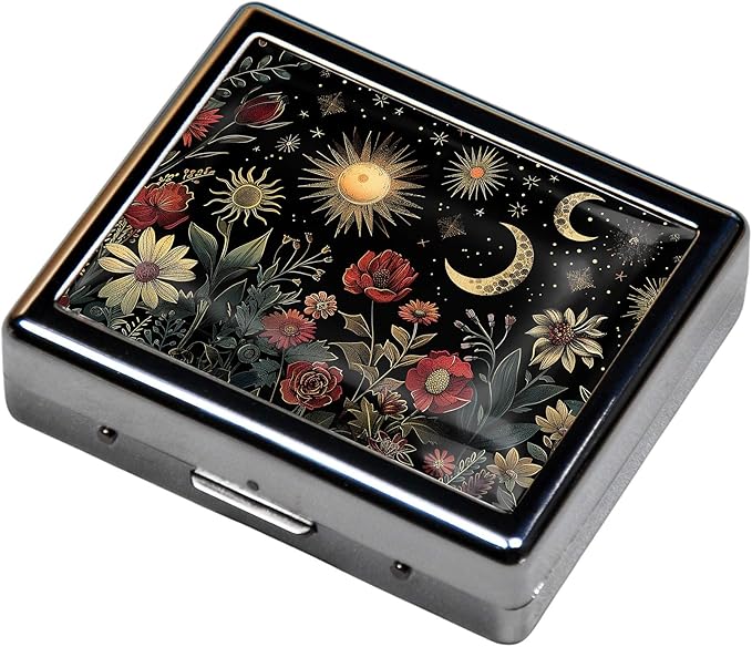 7 Day Travel Pill Organizer with Mirror Shiny Silver Chromed 8 Compartment Pill Box for Vitamins and Medications Compact and Stylish Medicine Case (The Beautiful Scenery at Night)