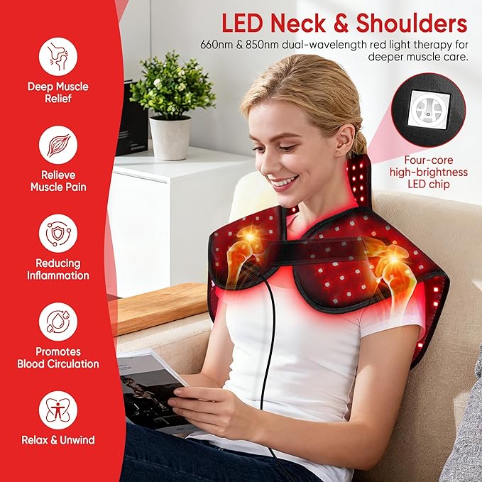 Red Light Therapy for Neck and Shoulders,288 Infrared Light Therapy for Neck Shoulder Pain Relief,660nm & 850nm Red Light Therapy Pad,Shoulder Wrap with Timer Remote Control for Home and Office Use