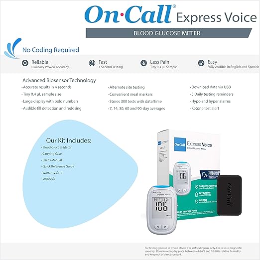 Blood Glucose Monitor Meter by On-Call Express Voice, Bilingual (English/Spanish) Guidance, 300 Test Storage, Large Display, Accurate Diabetic Blood Sugar Results in Seconds, Travel Case