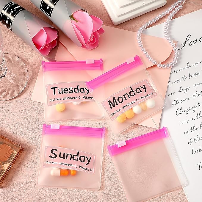 MARFOREVER 39 Pcs Pill Pouch Bags Pill Organizer, Reusable Pill Case Small Medicine Bag Tavel Pill Pouches, 28 Pcs Pink Plastic Pill Container with Slide Lock 10 Sheets Labels and 1 Pc Marker