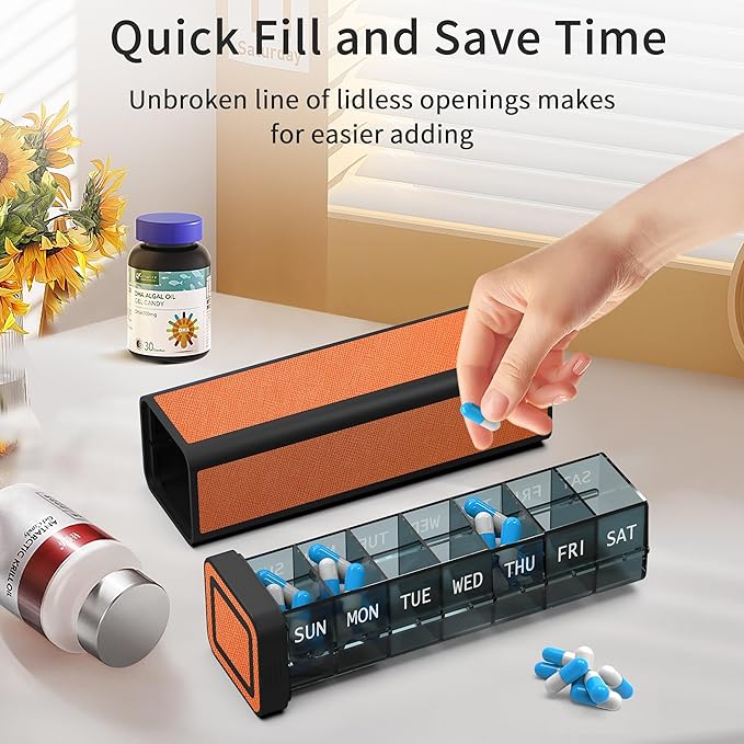 Weekly Pill Organizer 7 Day, Discreet Leather Pill Case for Purse or Pocket, Easy Slide-Out Daily Medication Planner, 1 Time a Day Travel Vitamin and Supplement Holder (Orange)