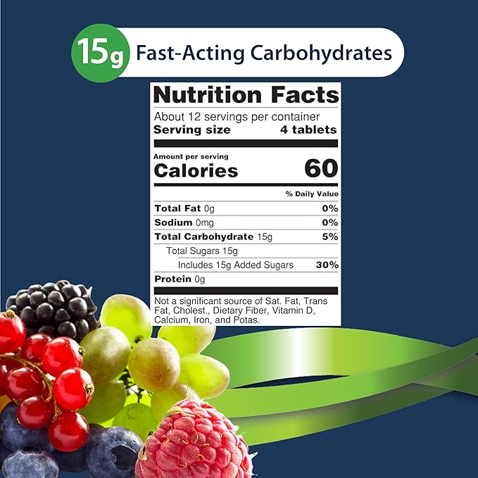TRUEplus Glucose Tablets, Chewable, Grape, Raspberry, Orange Flavors, 15g Fast-Acting Carbohydrates, Fat Free, Gluten Free, Raise Low Blood Sugar and Boost Energy, 50 Count