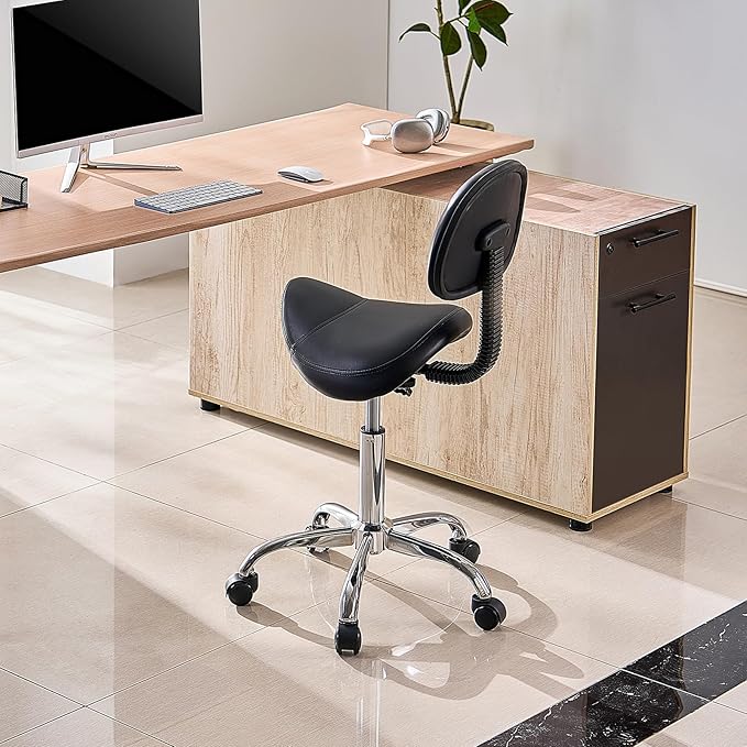 VEVOR Saddle Stool with Back Support and Wheels, 450 LBS Weight Capacity Ergonomic Rolling Stool, Height Adjustable Thickened PU Leather Swivel Saddle Chair for Salon, Spa, Massage, Tattoo, Black