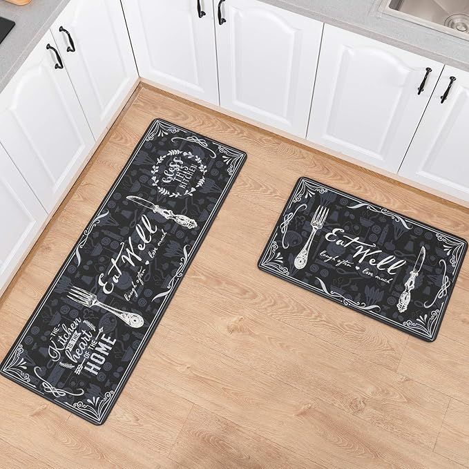Asrug Kitchen Mats for Floor, Anti Fatigue Comfort Kitchen Standing Desk Mat, Floor Pad Kitchen Rug Waterproof Stain Resistance Non Slip Kitchen Set of 2, 17.3''x27.6''+17.3''x47.2'', Eat Well
