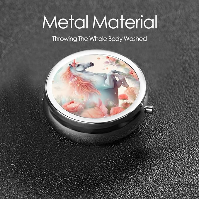 Watercolor Fantasy Unicorn Flower Pill Box 3 Compartment Pill Case, Portable Medicine Pill Organizer for Pocket Purse Pill Box Decorative Metal Medicine Vitamin Organizer