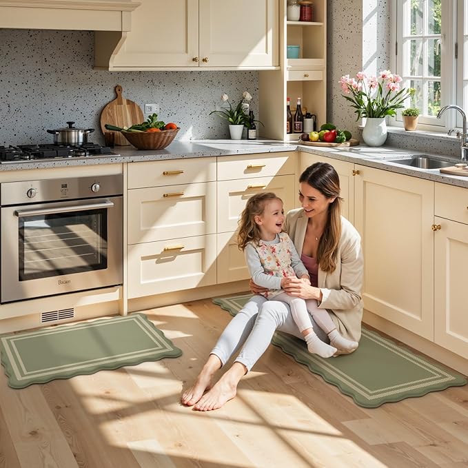 KIMODE Anti Fatigue Mats for Kitchen Floor 17"x47"+17"x29", Farmhouse Kitchen Rugs Sets of 2, Cushioned Kitchen Floor Mat Non Skid, Memory Foam Kitchen Mat for Laundry Office Sink Desk Olive Green