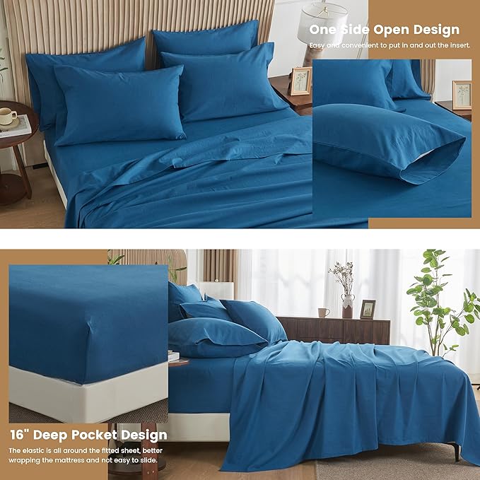Simple&Opulence Belgian Linen Sheet Set Solid Color - 6 Pieces (1 Flat Sheet & 1 Fitted Sheet & 4 Pillowcases) 16" Deep Pocket Natural Flax Cotton Blended Soft Bedding - Navy Blue, California King
