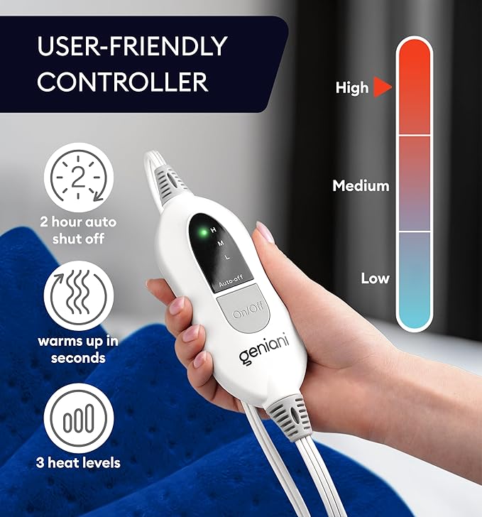 GENIANI Electric Heating Pad for Back Pain & Cramps Relief, Electric Throw, Auto Shut Off, Machine Washable, Moist Heat Pad for Neck & Shoulder, 12x24 Space Blue